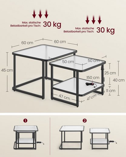 VASAGLE Couchtisch, 2er-Set mit LED-Beleuchtung, quadratischer Beistelltisch