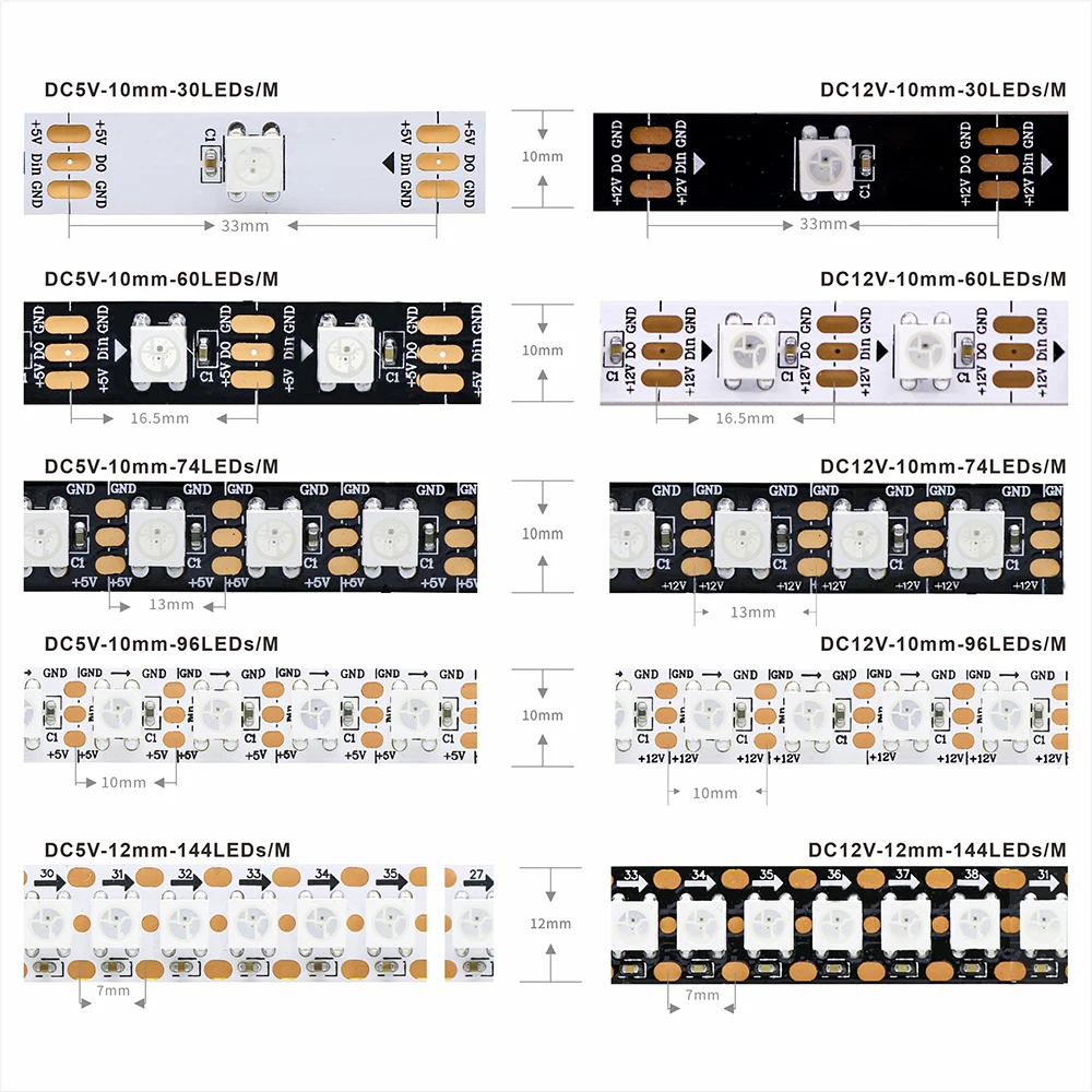 DC5V/12V WS2812B addressable LED strip, 5050 RGB LED strip, WS2812 smart LED light black/ white PCB, waterproof (IP30/IP65/IP67)