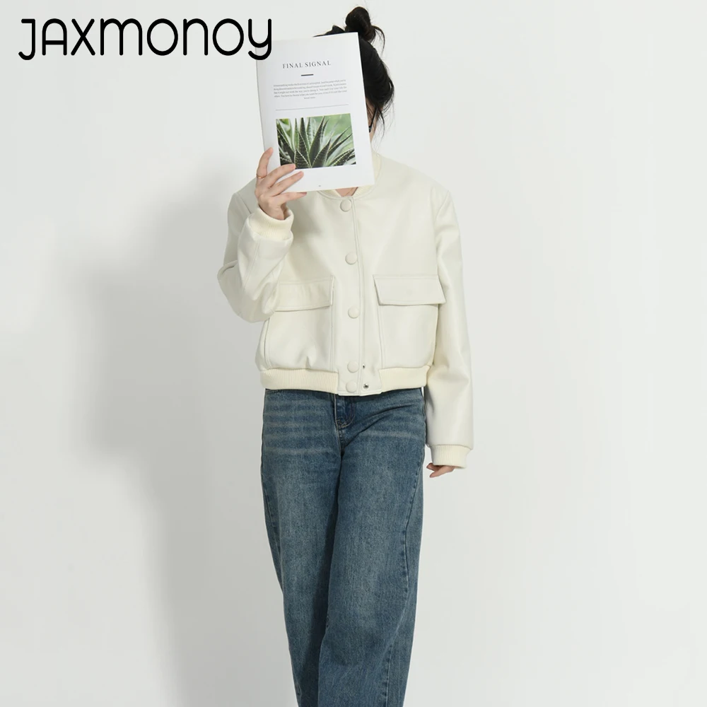 Jaxmonoy Damen Herbst Schaffell Mantel Damen Mode volle Ärmel einfarbige echte Lederjacke echte Lederjacke weiblich