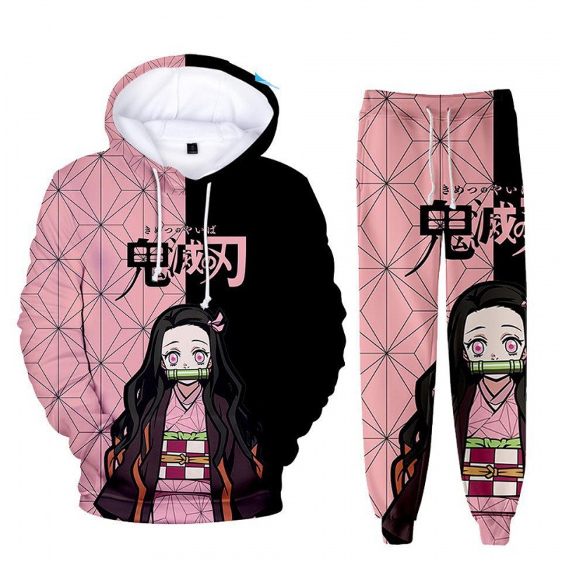 Anime demon slayer hoodies 3d impresso cosplay calças + moletom com capuz 2 pçs conjunto de treino masculino oversize vintage streetwear calças com capuz conjuntos