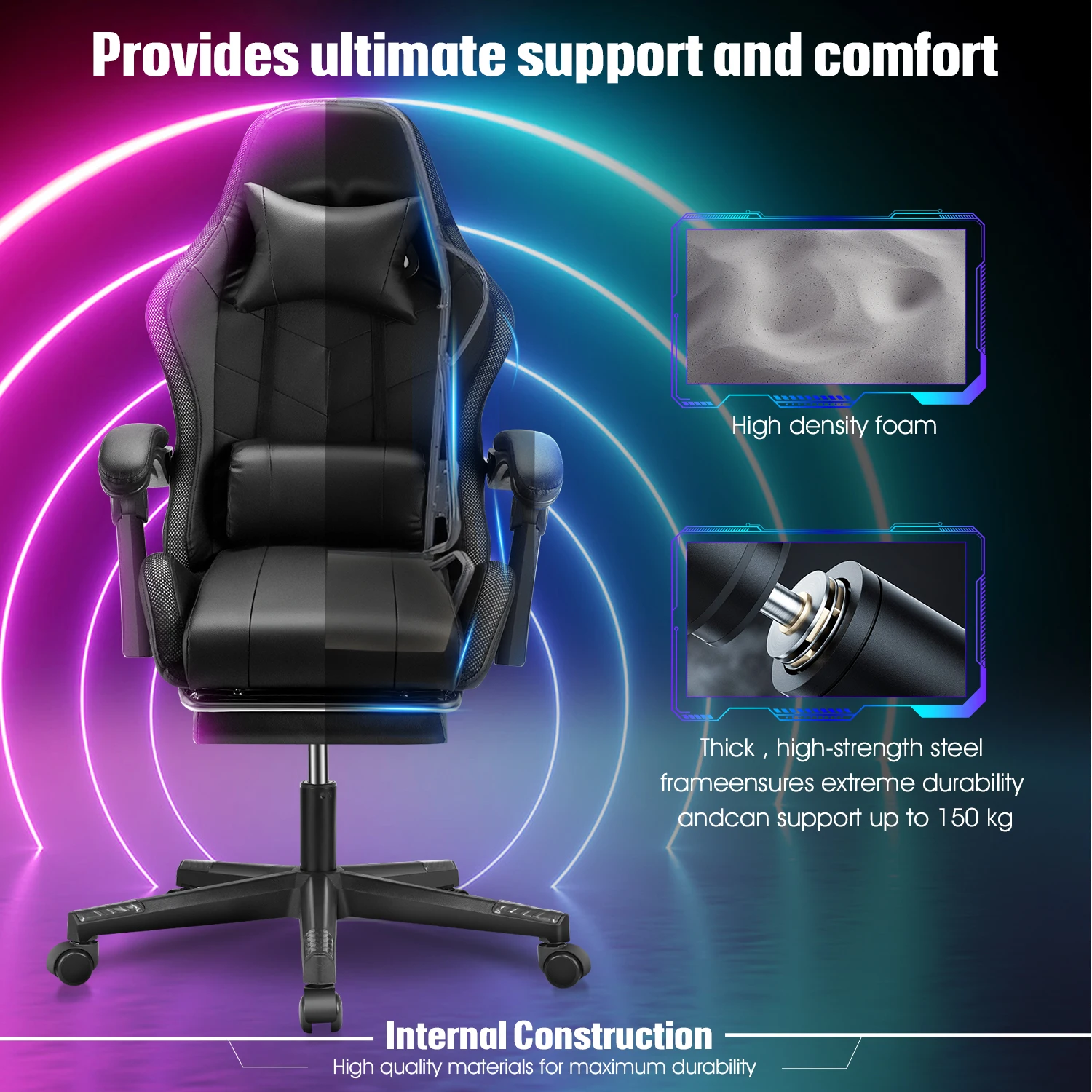Sedia da gioco con luci a LED, altoparlanti Bluetooth, sedia da gioco ergonomica RGB per adulti, computer reclinabile regolabile in altezza