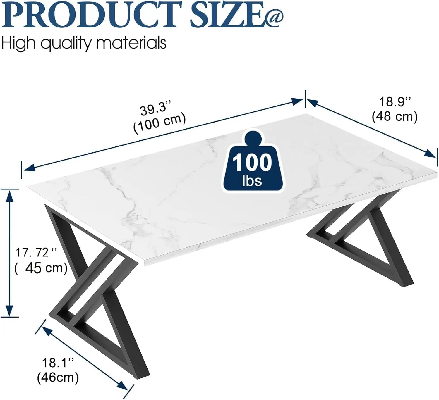 Living Room Table, Center Tea Table, Rectangular Tea Table, End Side Table with Black Metal Frame for Living Room Bedroom Office
