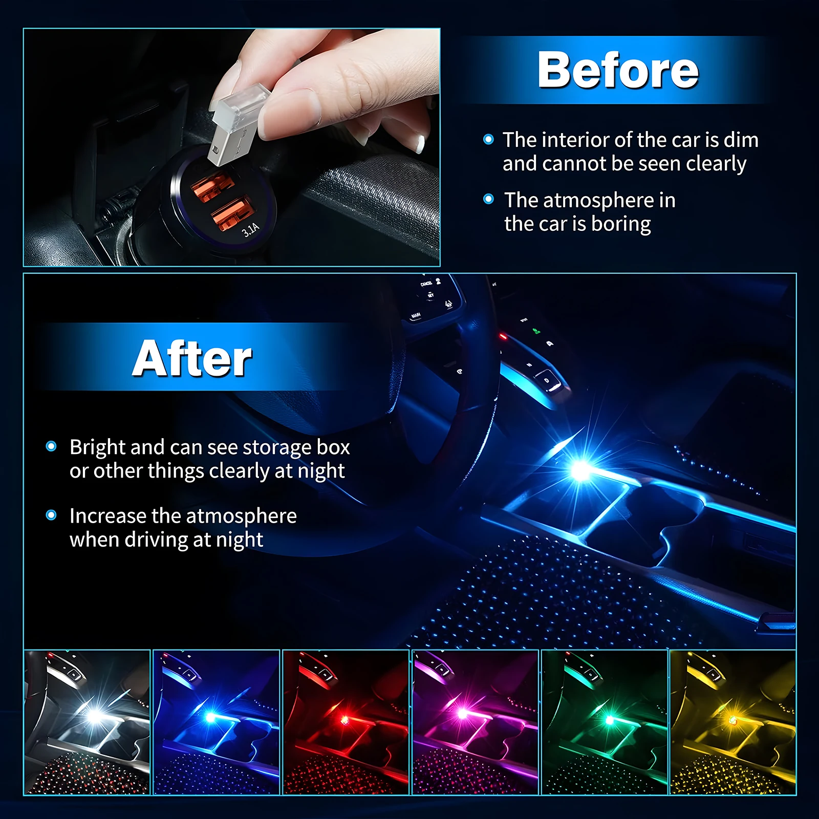 Mini USB Luce per auto Luce d'atmosfera USB portatile universale DC 5V USB LED Kit di illuminazione per interni auto per laptop Notte Home Office