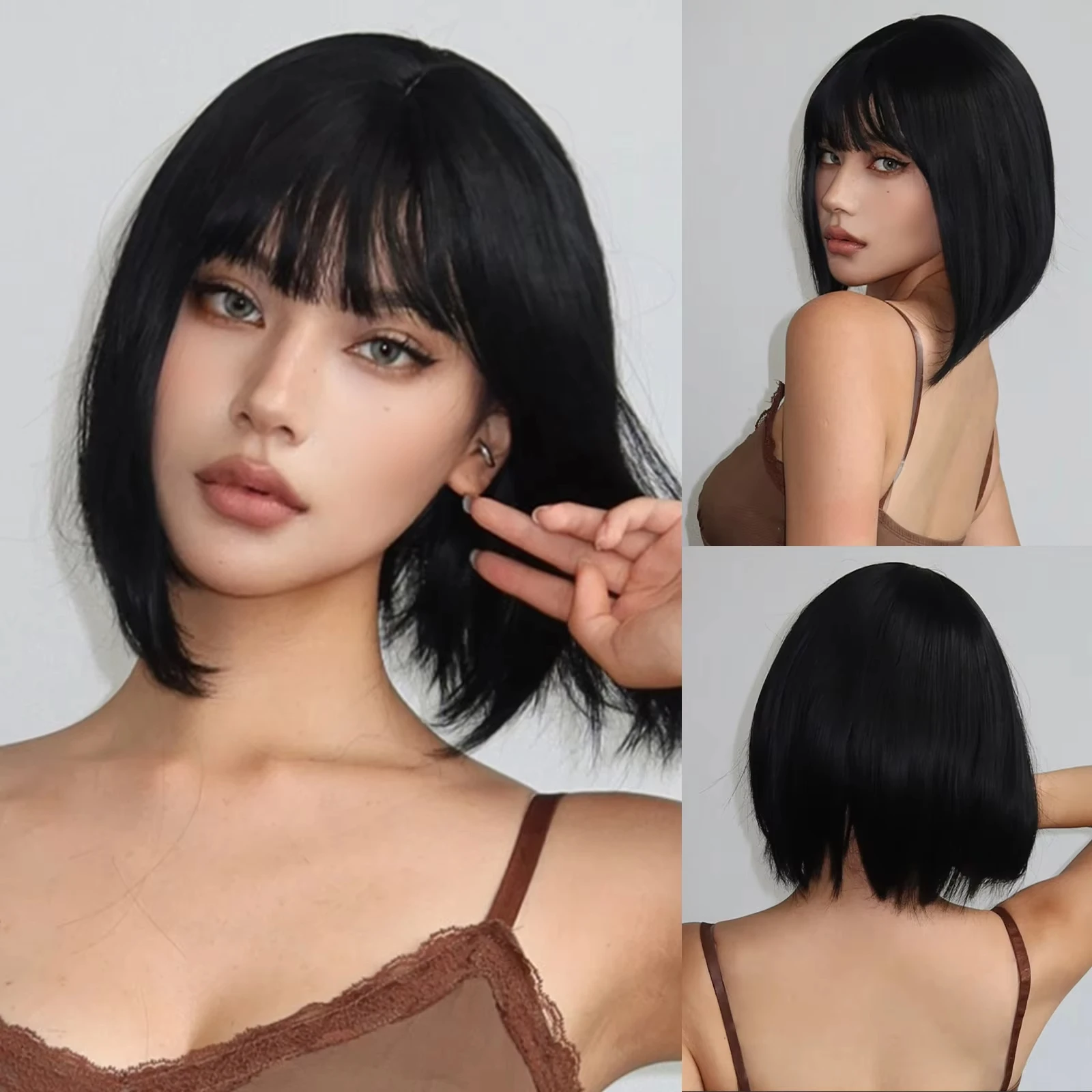 Parrucca sintetica corta diritta Bob nera con frangia Parrucca da donna in seta ad alta temperatura Parrucca da indossare ogni giorno per cosplay per feste di Natale