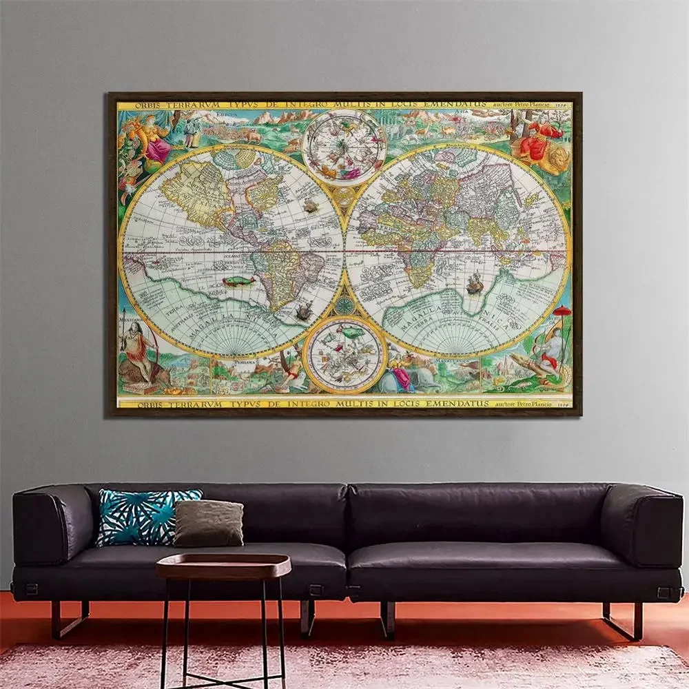 Orbis Terrarvm Typvs De Integro Multis en Locis Emendatus 1594 mapa del mundo no tejido mapa Retro para la escuela y el estudiante 150x225cm