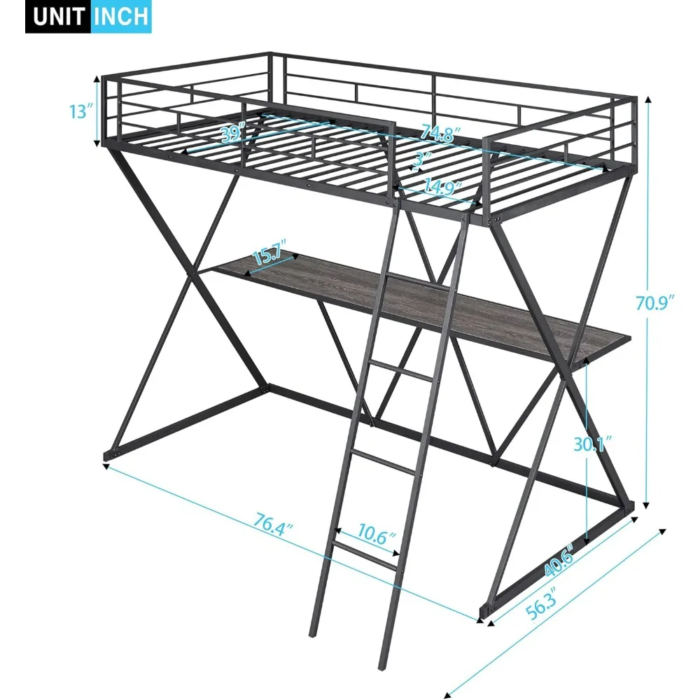 Twin Loft Bed with Desk, Loft Bed Twin Size with Ladder and Full-Length Guardrails, X-Shaped Frame, Black Metal Loft Bed Frame