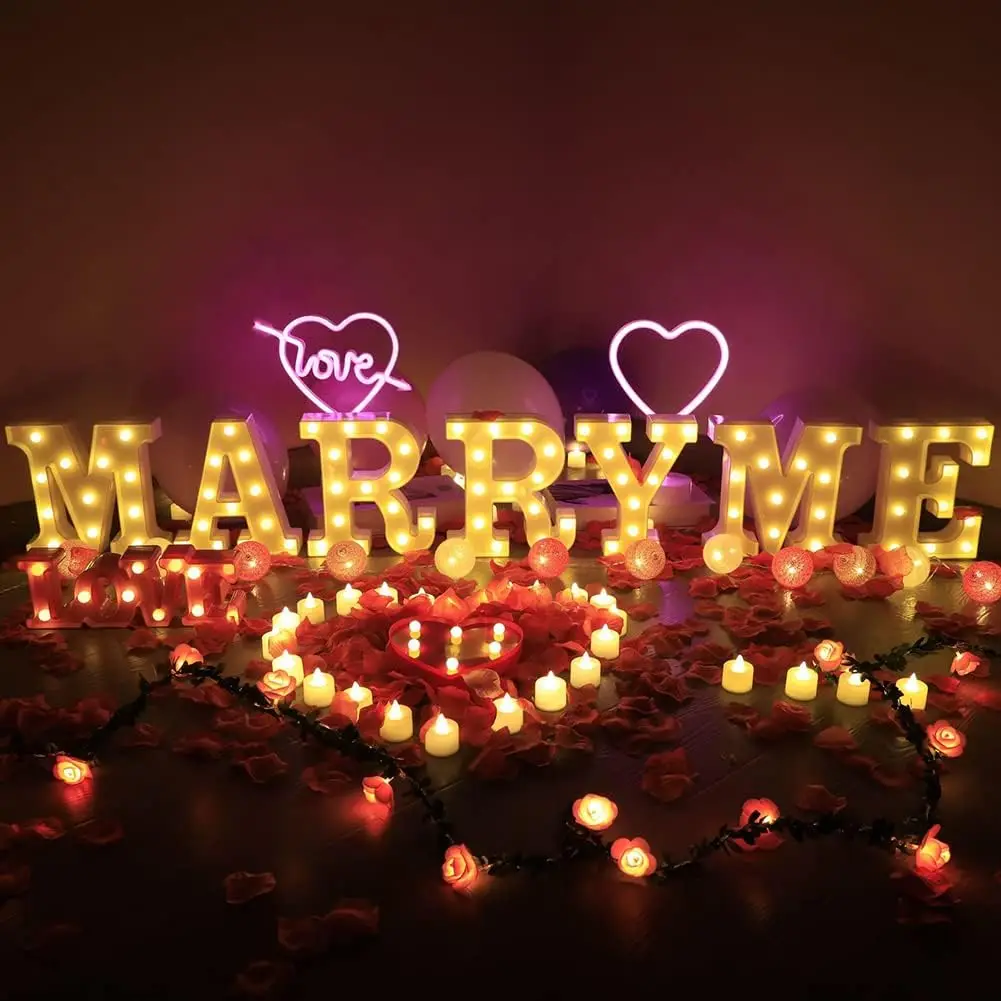 „Marry Me“-Antragsschild, LED-Buchstabenlicht, warmweiße LED-Dekoration, Alphabet-Schildlicht für Vorschlag, Verlobung, Hochzeitsdekoration