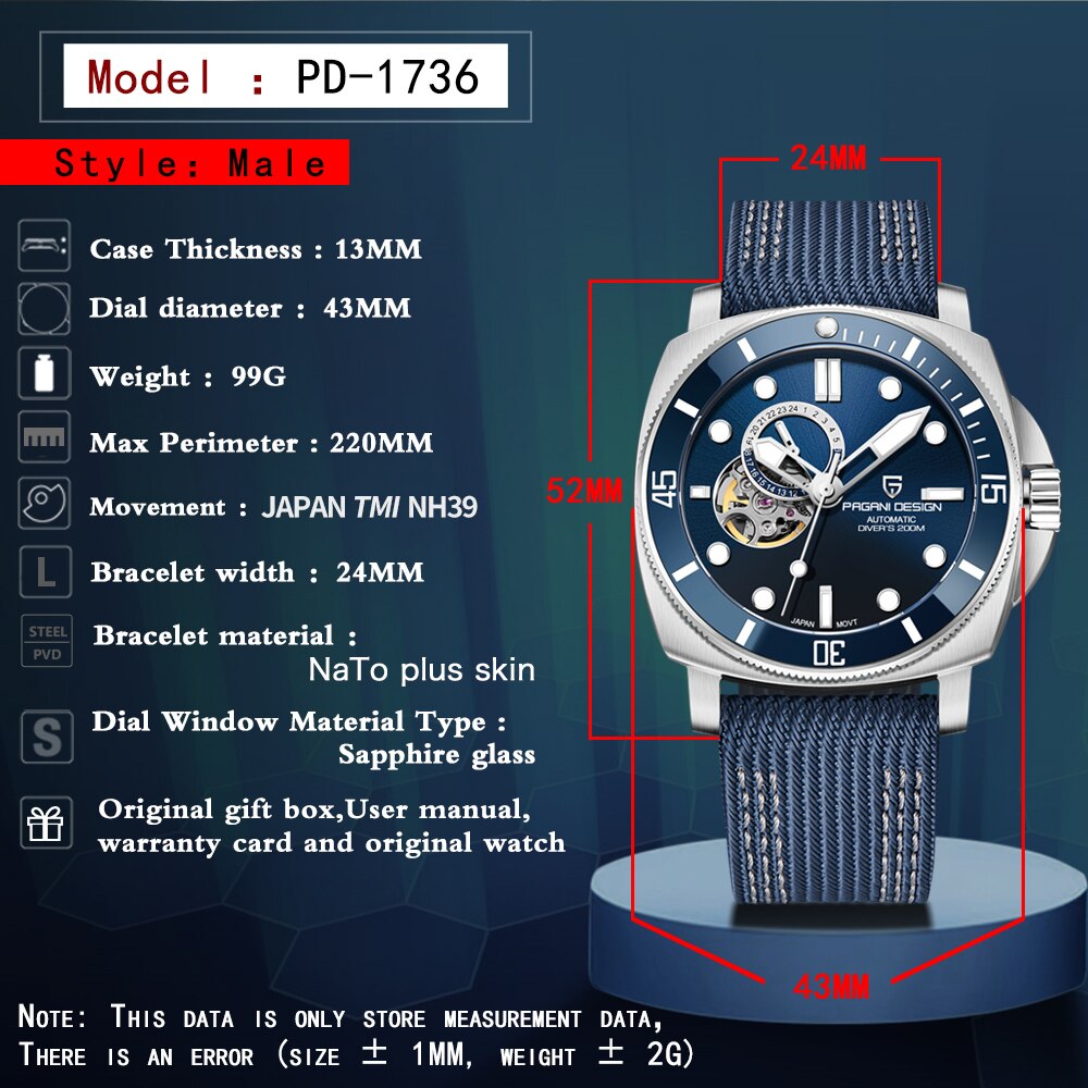 Reloj mecánico deportivo de marca PAGANI para hombre, reloj de 200M resistente al agua, reloj masculino, 2024 nuevo