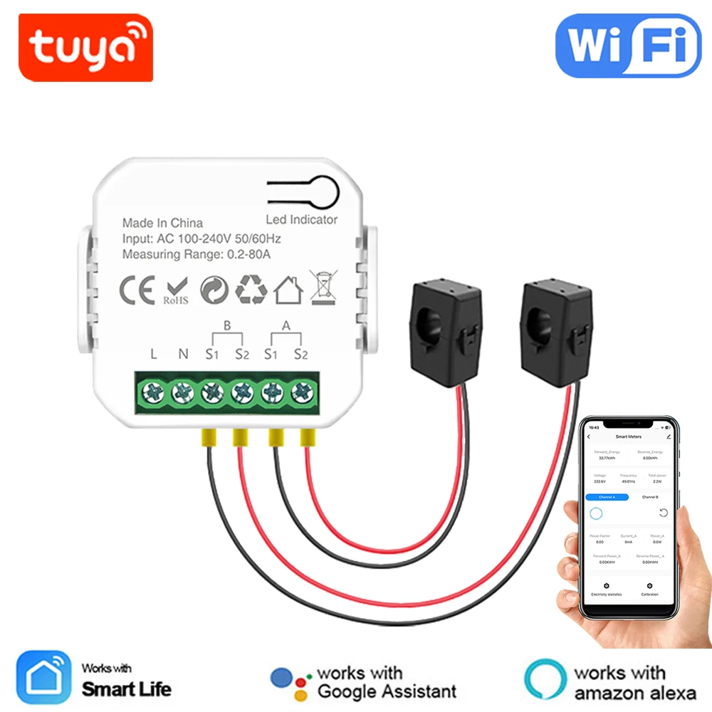 Tuya Smart Life WiFi Energy Meter 80A แบบสองทิศทาง 2 ช่องพร้อม Clamp App Monitor พลังงานแสงอาทิตย์ส่งออกและนําเข้า Power AC110V/240V