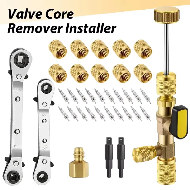 Kit de instalación de extracción de núcleo de válvula con puertos de doble tamaño 1/4 y 5/16 para sistema de aire acondicionado R12,R22,R32,R404,R407,R410, R404 A/C