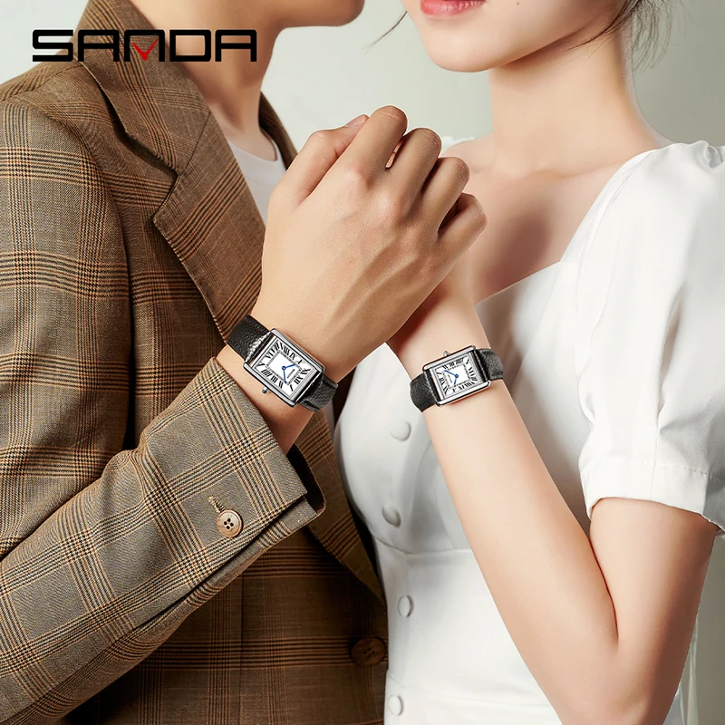 SANDA นาฬิกาคู่ 30M กันน้ํา Casual แฟชั่นผู้หญิงผู้ชายนาฬิกาควอตซ์สวมใส่สายหนัง Square Dial Design Reloj