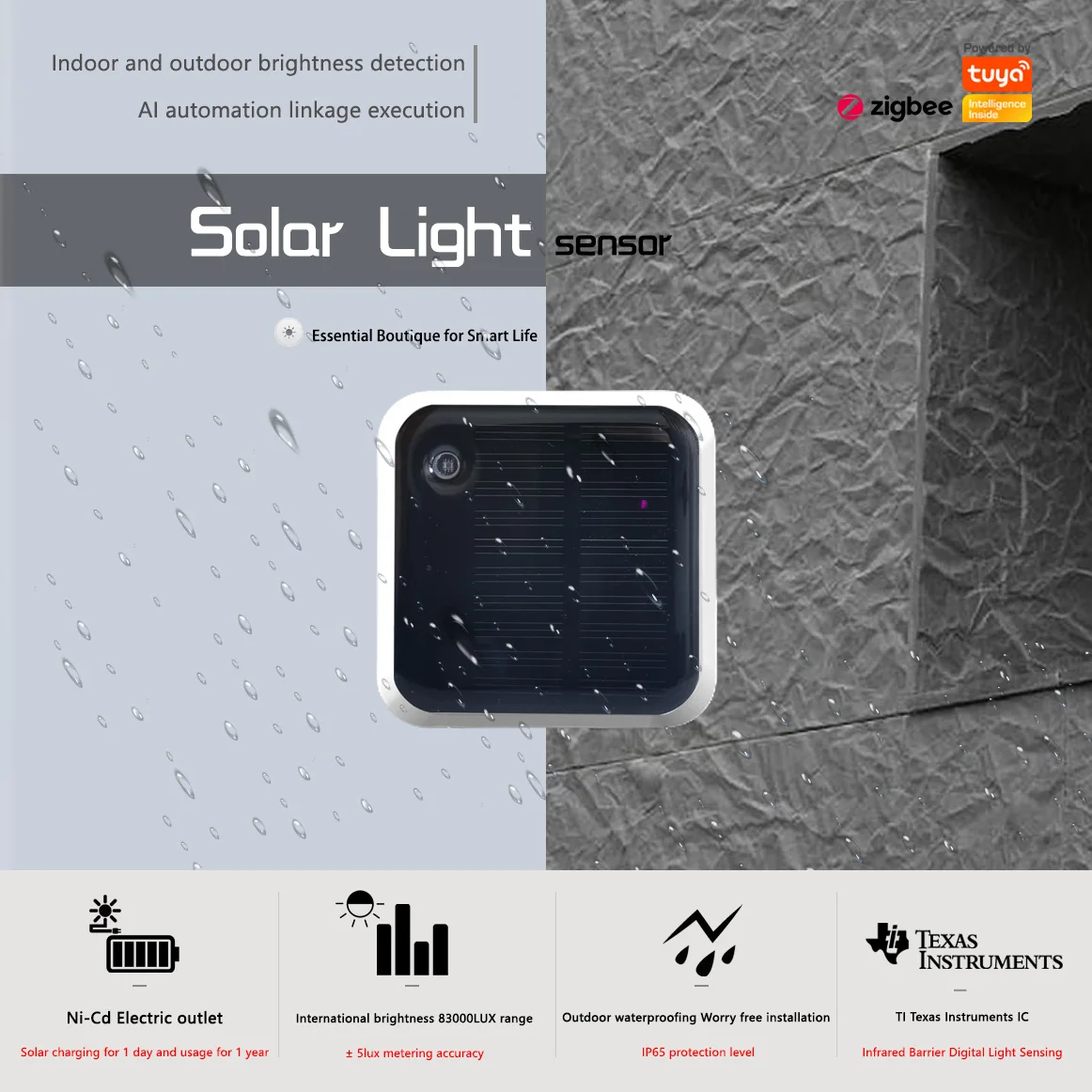 Haozee Tuya Zigbee Sensor de luz solar IP65 à prova d'água sem fio inteligente com suporte de energia solar Assistente doméstico Zigbee2mqtt