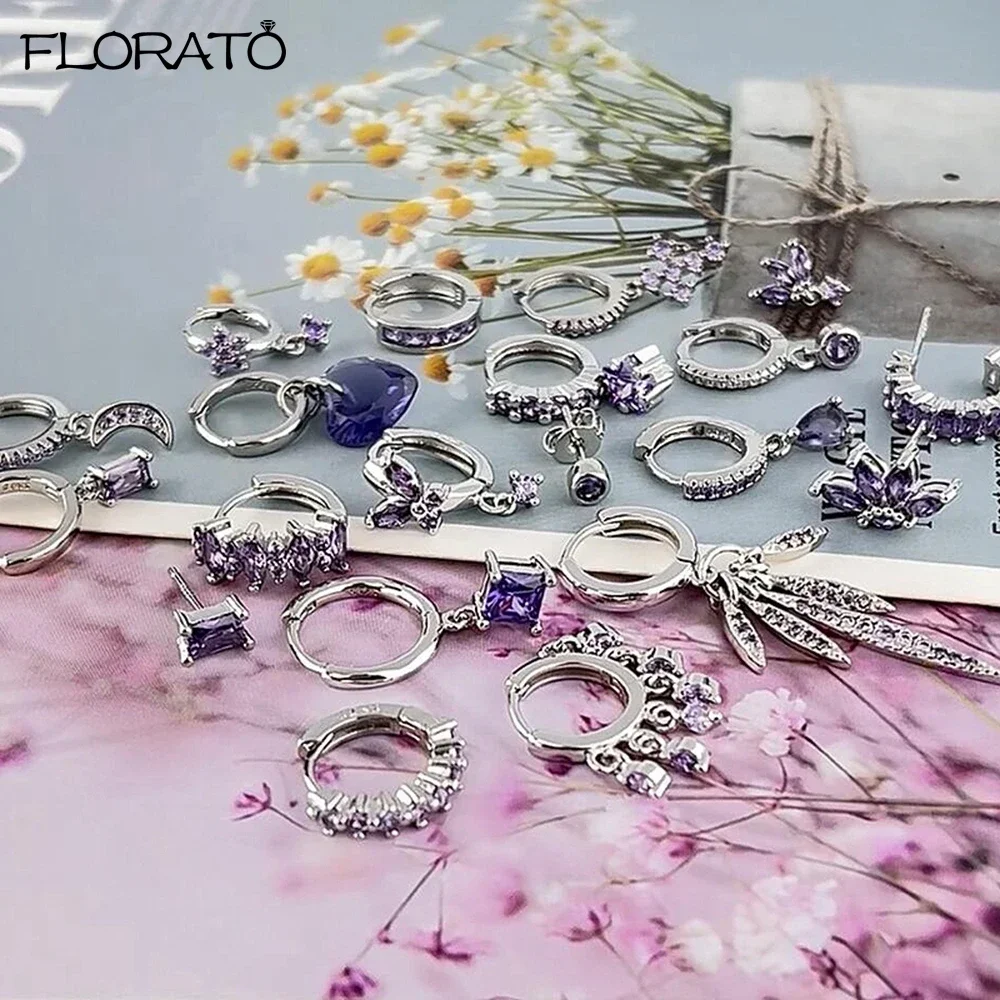 Pendientes morados elegantes con aguja de Plata de Ley 925, exquisitos pendientes de aro pequeños para mujer, accesorios de joyería de punción a la moda