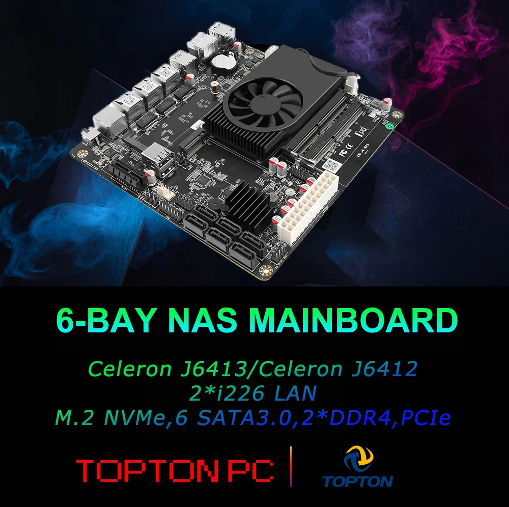 6-Bay NAS Mainboard Intel Celeron J6413 J6412 2*Intel i226-V 1*RTL8125BG 2.5G LANs 2*NVMe 6*SATA3.0 2*DDR4 1*PCIe Mini Pc Board