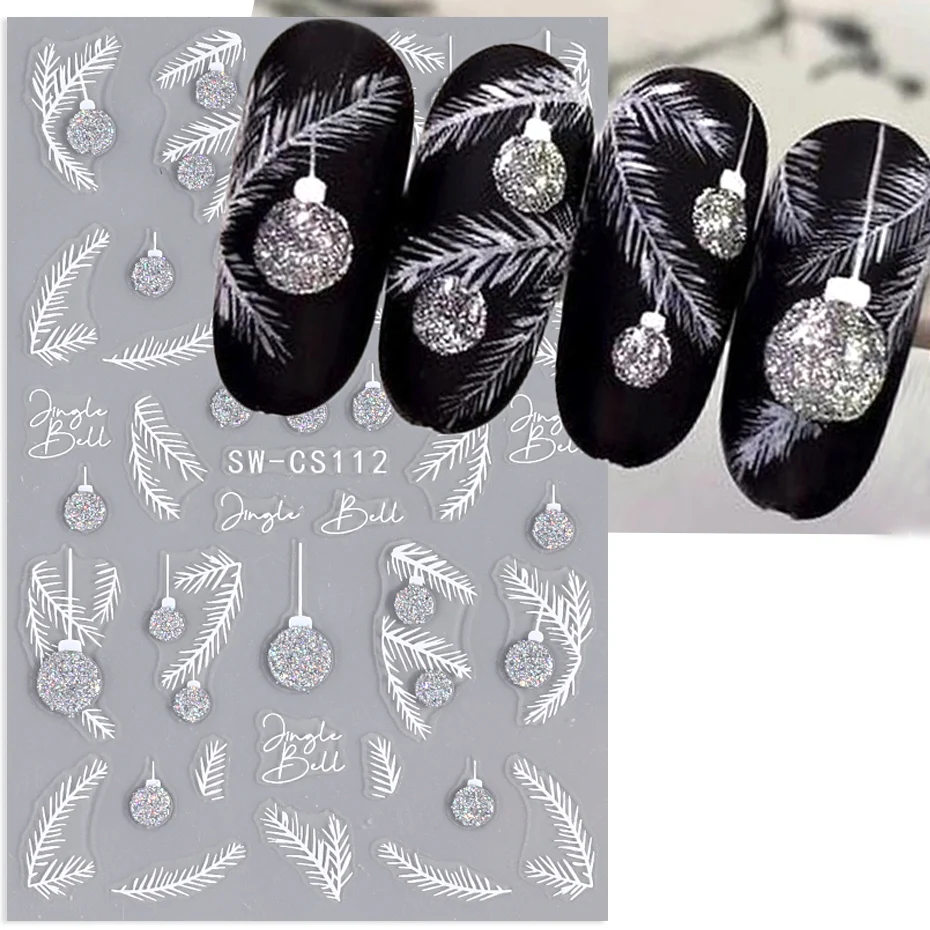 Pegatinas navideñas para uñas con purpurina plateada, árbol de invierno 3D, copo de nieve, pluma, hoja, linterna, regalo, vino, puntas deslizantes de manicura holográfica