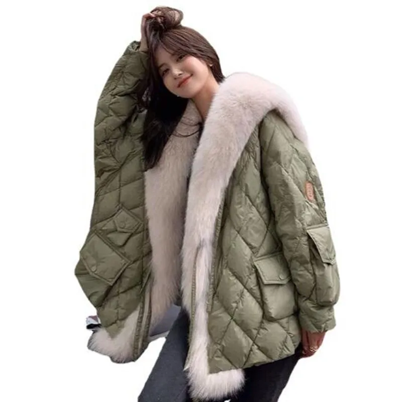 Chaqueta acolchada con cuello de piel de zorro para mujer, abrigo de piel de imitación, cálido, medio largo, invierno, 2024