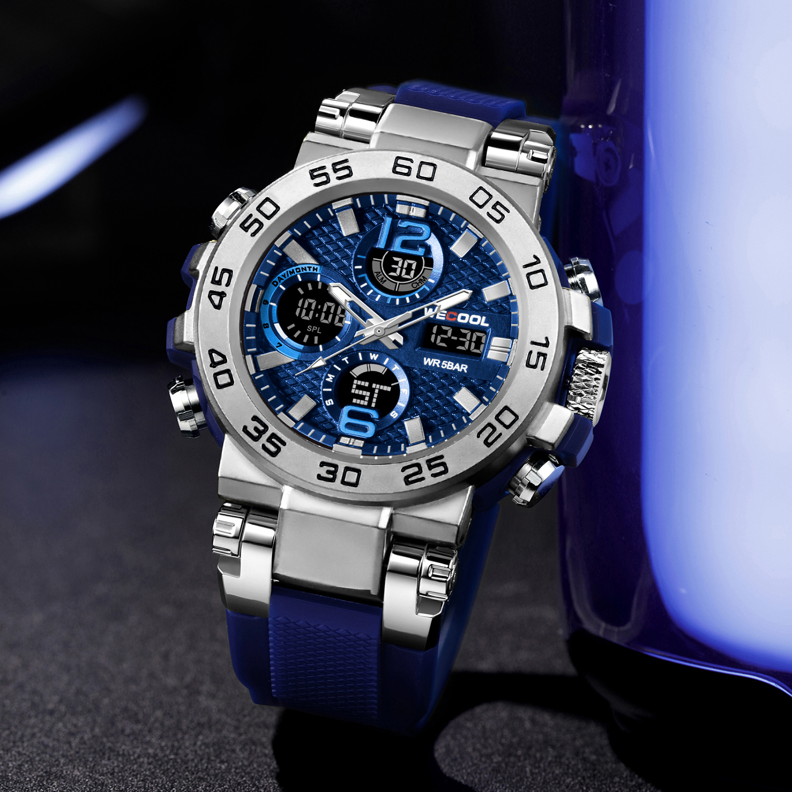 WECOOL merk dubbel display digitaal W-822 50M waterdichte wekker lichtgevend horloge voor mannen