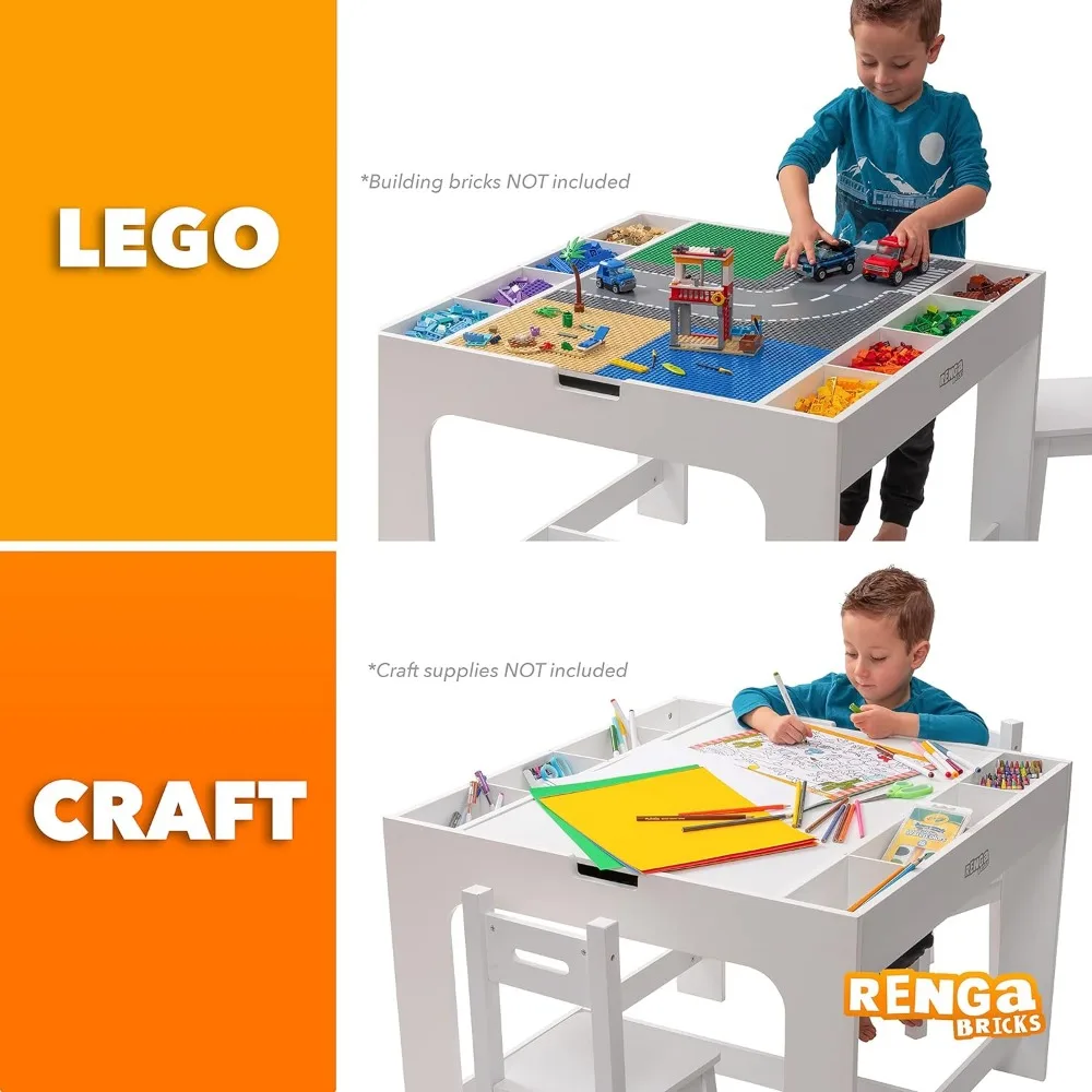 2 in 1 Play Table and 2 Chair Set with Storage, Compatible with Lego and Duplo Bricks, Activity Table Playset Furniture