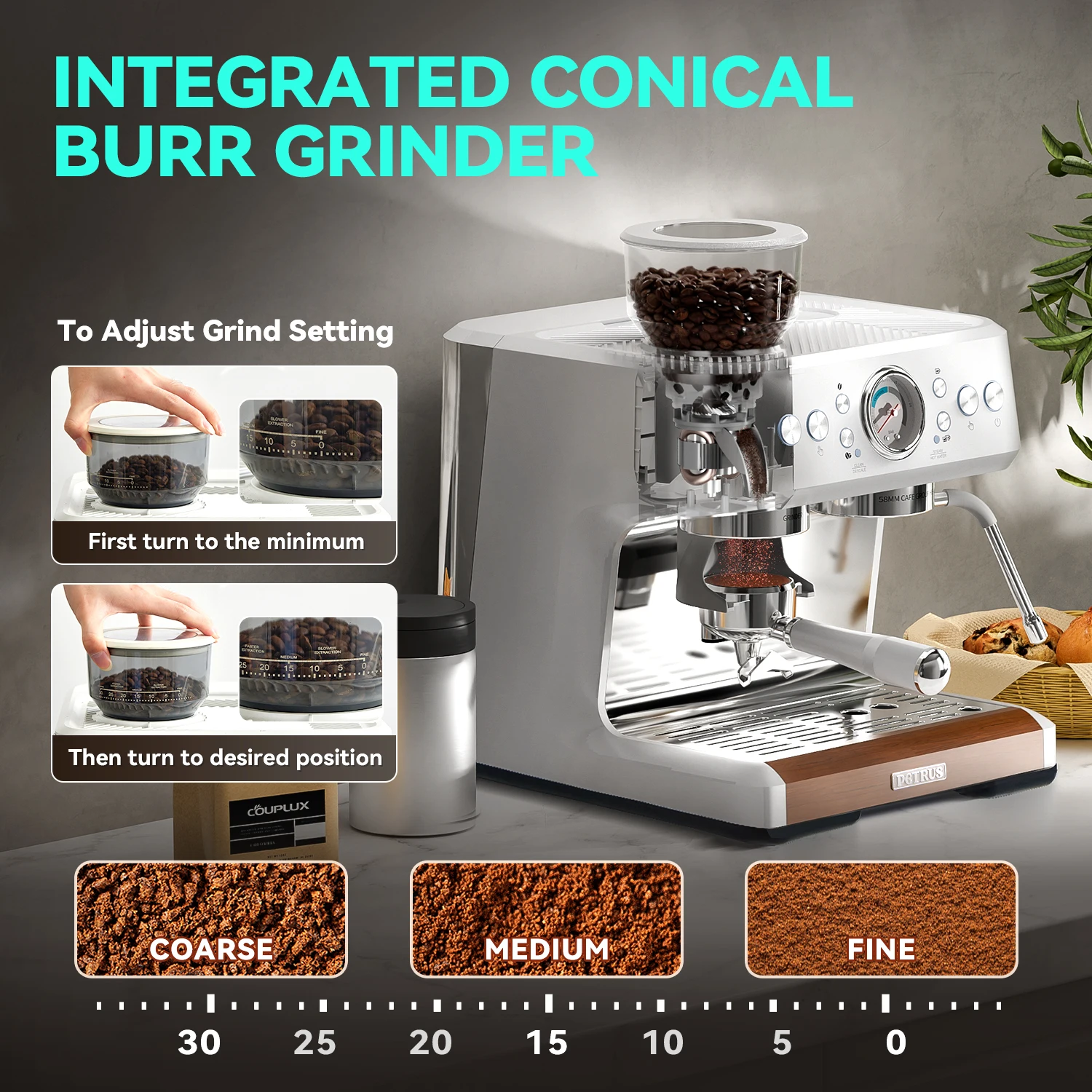 Petrus Espresso Machine with Grinder,Barista-Style Cappuccino Maker with Milk Frother Steam Wand Professional Coffee Maker