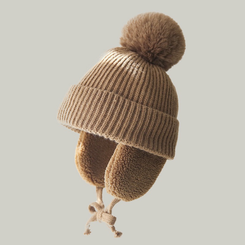 Inverno grosso chapéu do bebê grande pompom gorro com earflap lã de pelúcia crianças boné de malha para meninas meninos quentes crianças acessórios 2-8t