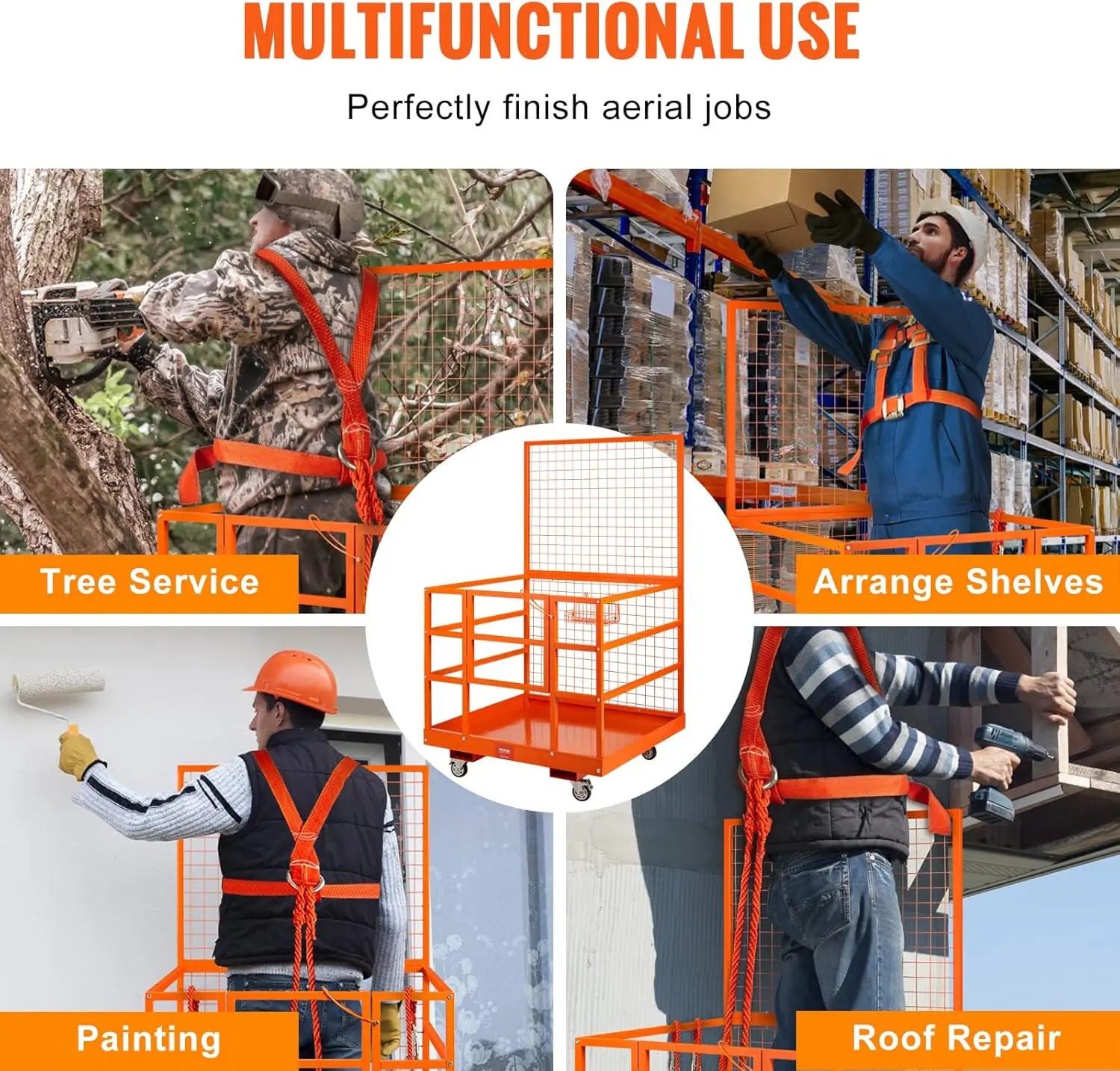 Forklift Safety Cage 43"x45" Forklift Man Basket, 1400lbs Capacity Forklift Work Platform with Safety Harness & Lock Drain Hole