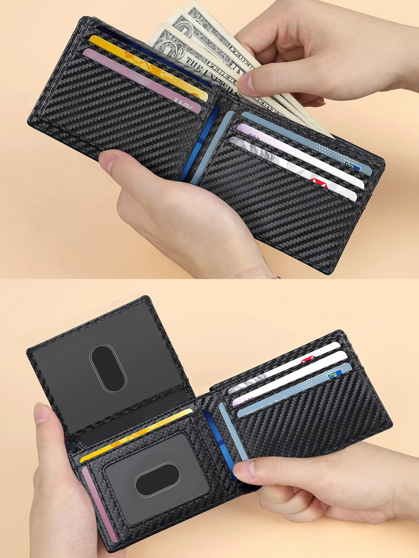 RFID Blocking Ultra Thin Trifold Wallet Carbon Fiber Pattern Credit Card Holder with 2 ID Windows Multiple Card Slots