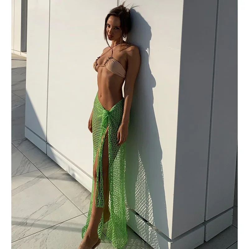 2024 praia cobrir sexy ver através do vestido de malha saias longas malha oco para fora envoltório branco midi saia roupas festa