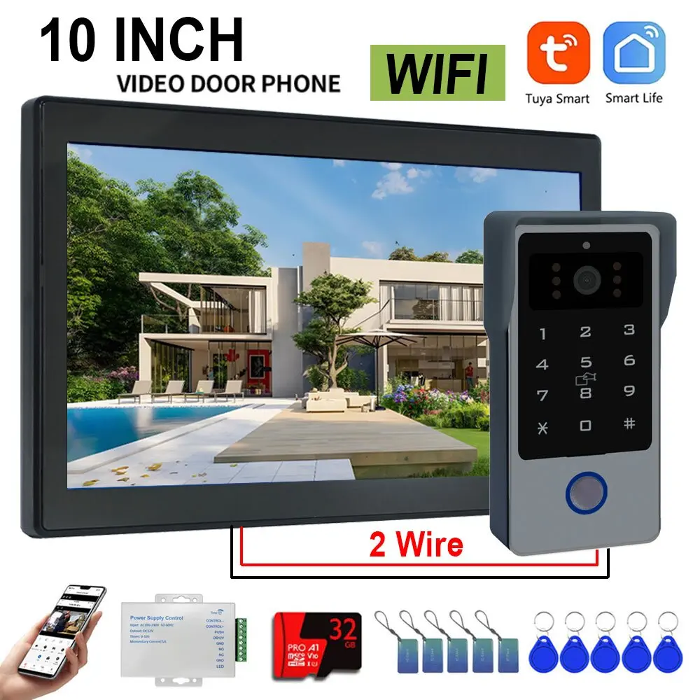 2 Draad Tuya Wifi 1080P Video Intercom Video Deurtelefoon 10 ''Kleurenaanraakscherm met Wachtwoord IC-kaart ontgrendelen Beveiligingssysteem