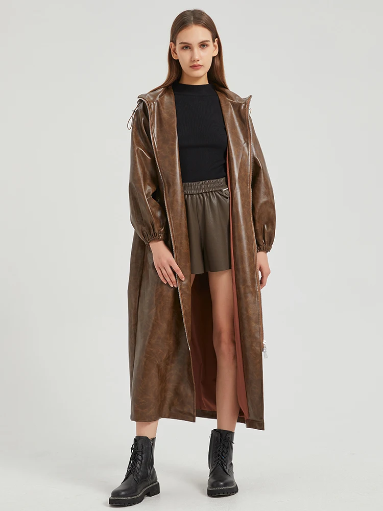 Lautaro-abrigo largo impermeable para mujer, abrigo de lluvia de cuero Pu marrón desgastado con capucha y cremallera con cordón, moda europea, primavera y otoño