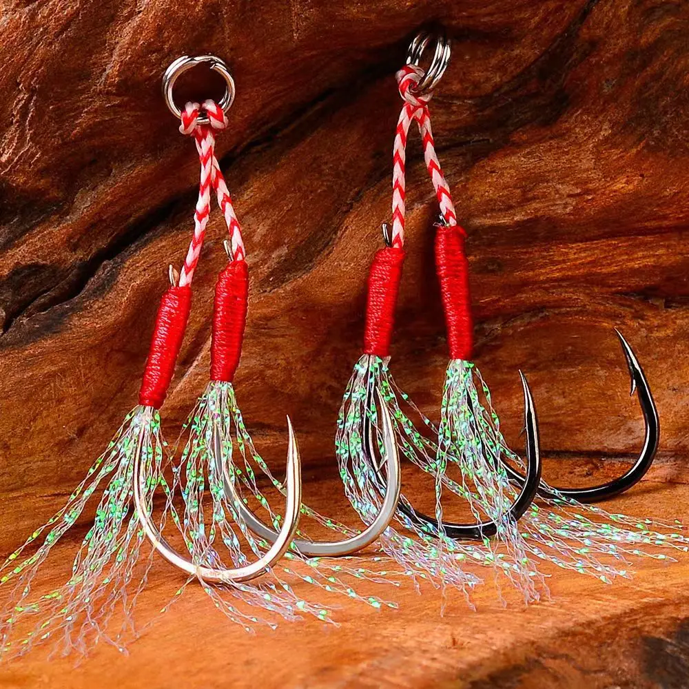 10 unids/lote anzuelo de asistencia de plantilla fundida, ángulo de acero rico en carbono, hilo de púas, señuelo de pluma, aparejos de Pesca, anzuelo de Pesca de mar de Jigging lento