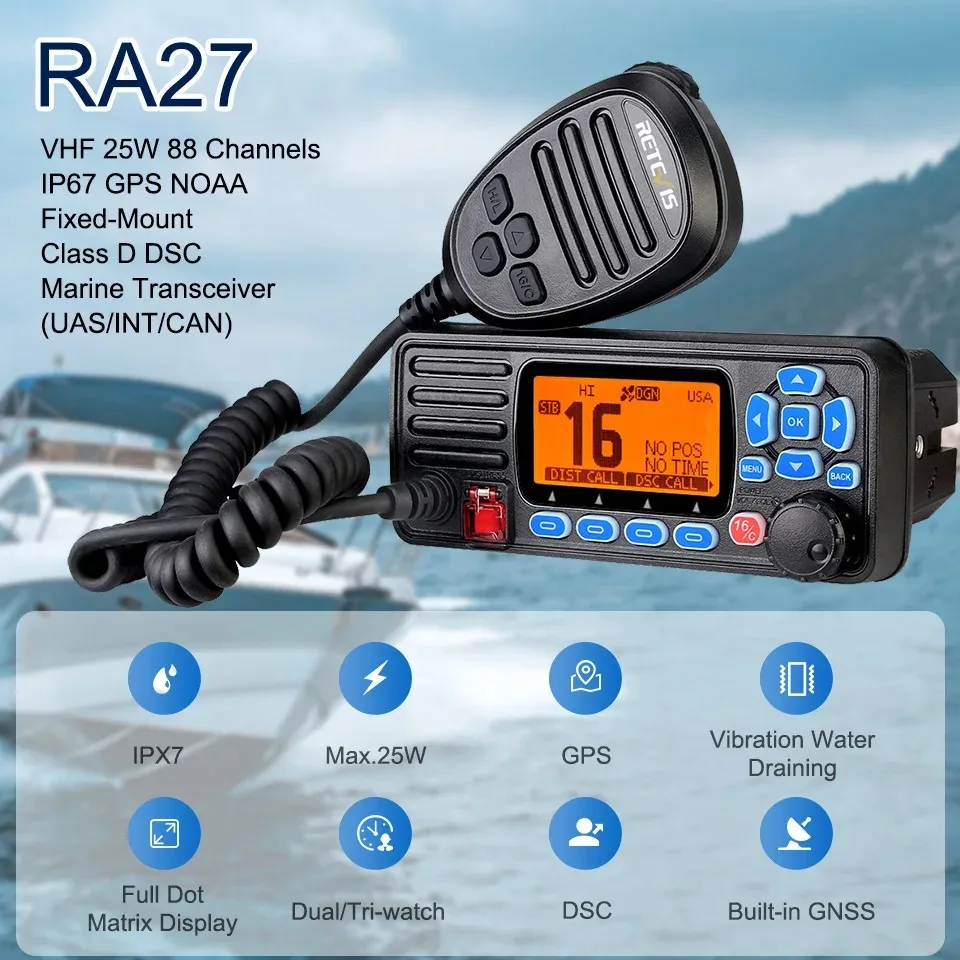 Retevis RA27 VHF Marine-Radio-Transceiver, 25 W, IP67, wasserdicht, GPS, NOAA, Festmontage, Klasse D, DSC, Marine-Transceiver (USA/INT/CAN)