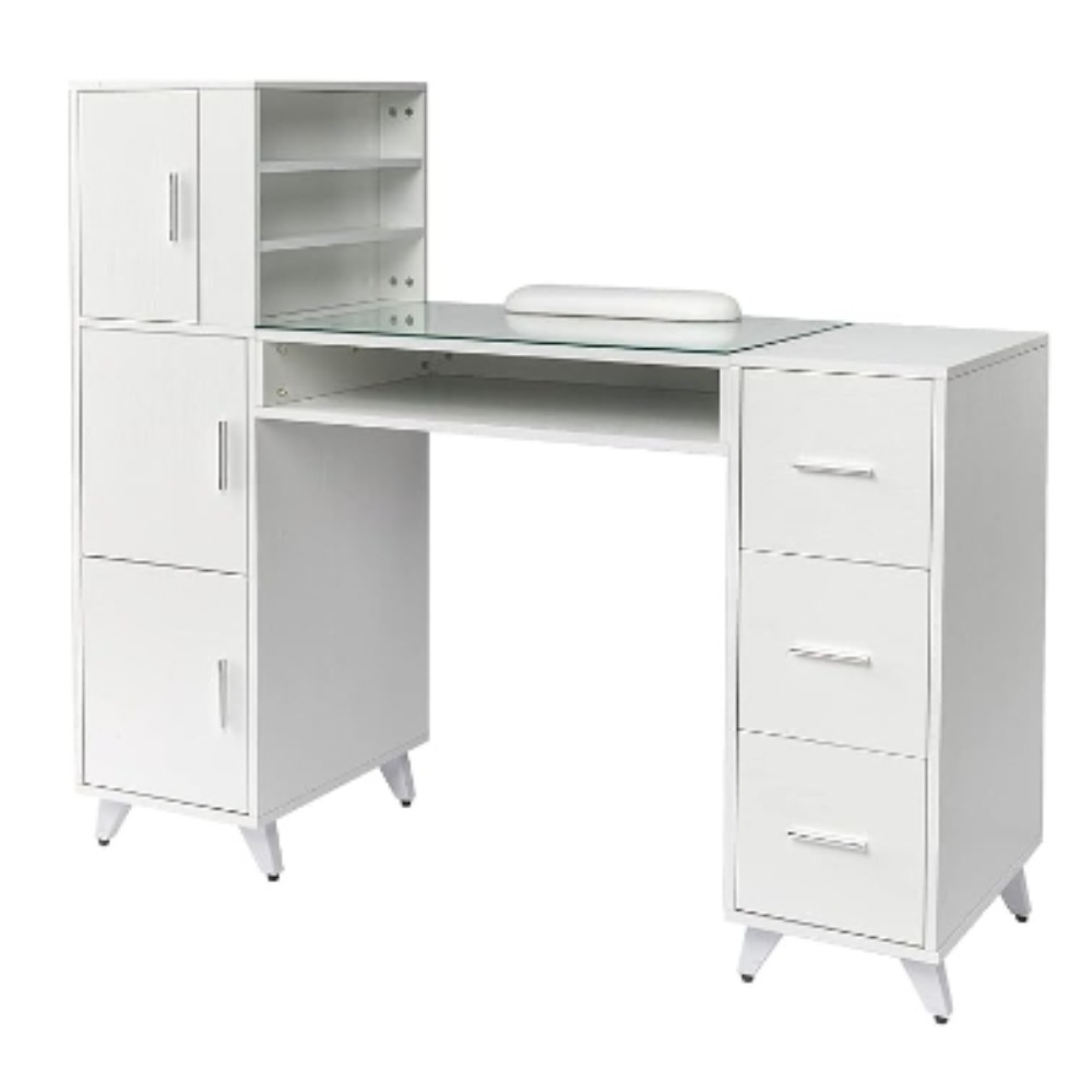 Nail Tables.Manicure Table Nail Desk for Nail Tech W/Glass Top & Wrist Rest,Beauty Salon Nail Supplies Decor Workstation Acetone