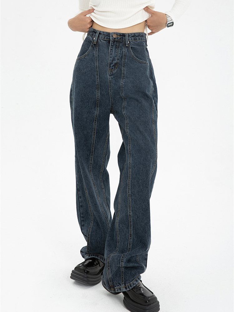 Ciemnoniebieskie jeansy damskie z wysokim stanem Vintage Straight Baggy Denim Pants Streetwear American Style Fashion Wide Leg Denim Trouser