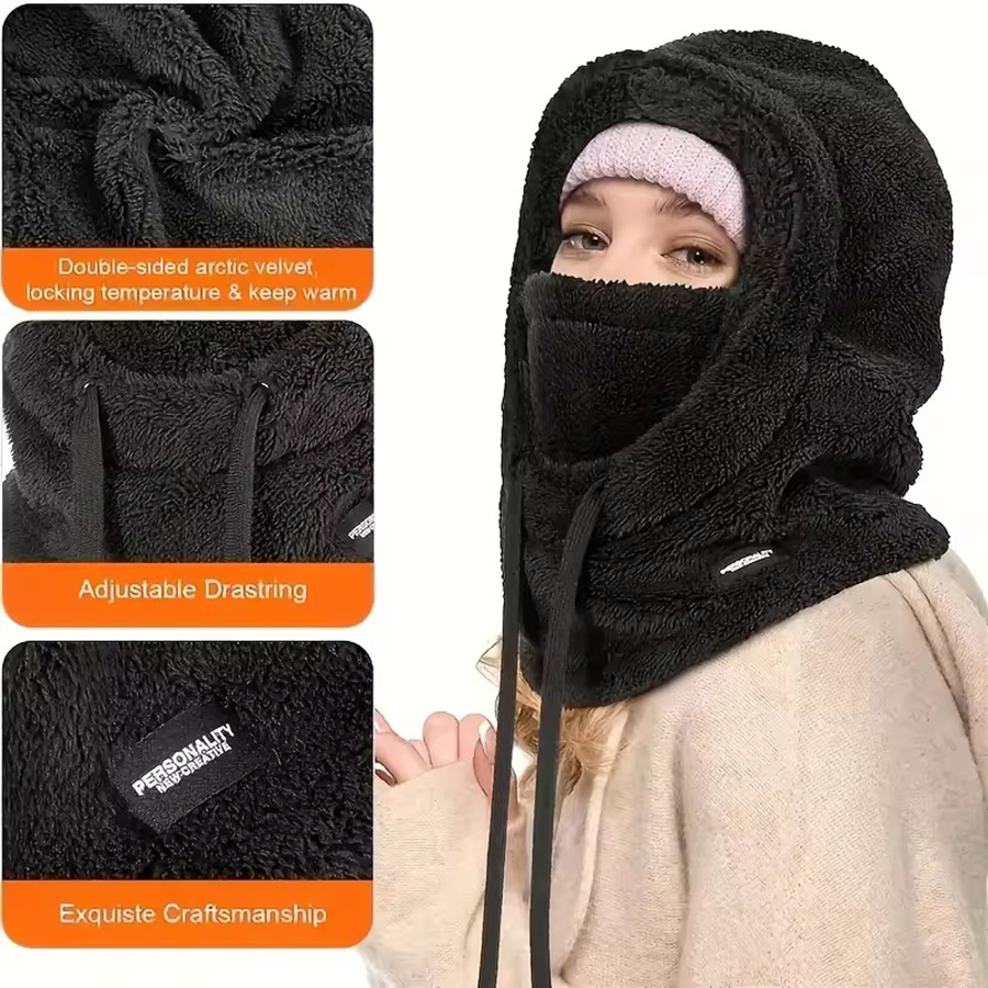 Adjustable Winter Hooded Face Mask for Women Thick Warm Windproof One Piece Soft Neck and Ear Protector Scarf for Outdoor