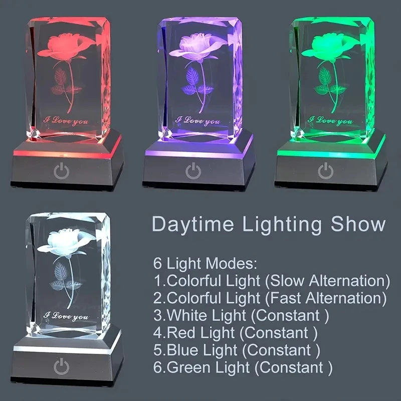 3D 로즈 크리스탈 LED 다채로운 야간 조명, 생일, 크리스마스, 여자친구, 아내, 어머니를 위한 발렌타인 데이 기념일 선물