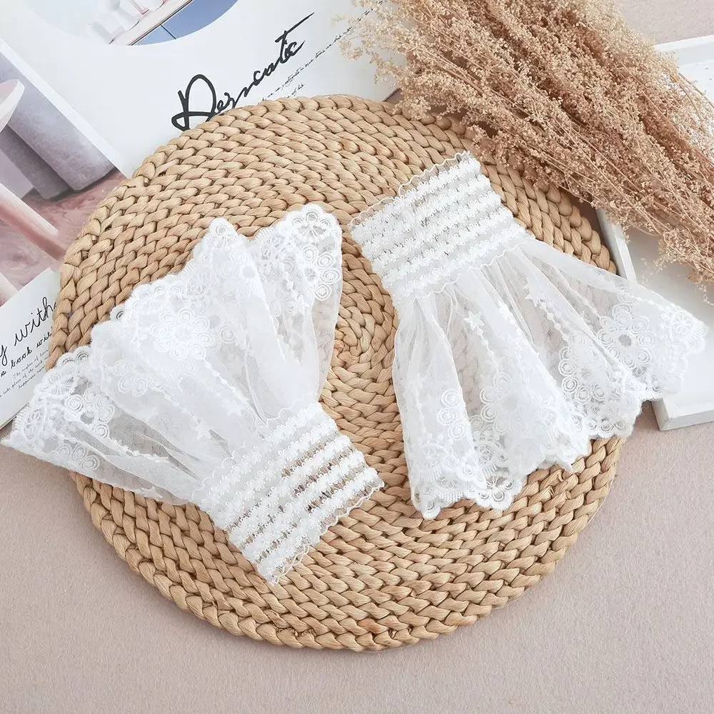 1 par de puños desmontables de malla de flores de encaje mangas acampanadas falsas doble capa plisada acanalada puños falsos suéter blusa calentadores de muñeca
