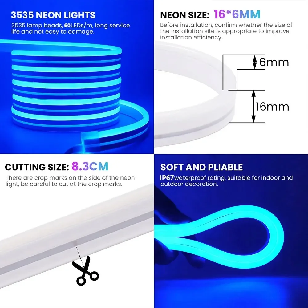 10M/20M/30M RGB LED Neon Rope Lights Music Sync Control with App/Remote Flexible Lamp Color Change Waterproof for Indoor Outdoor