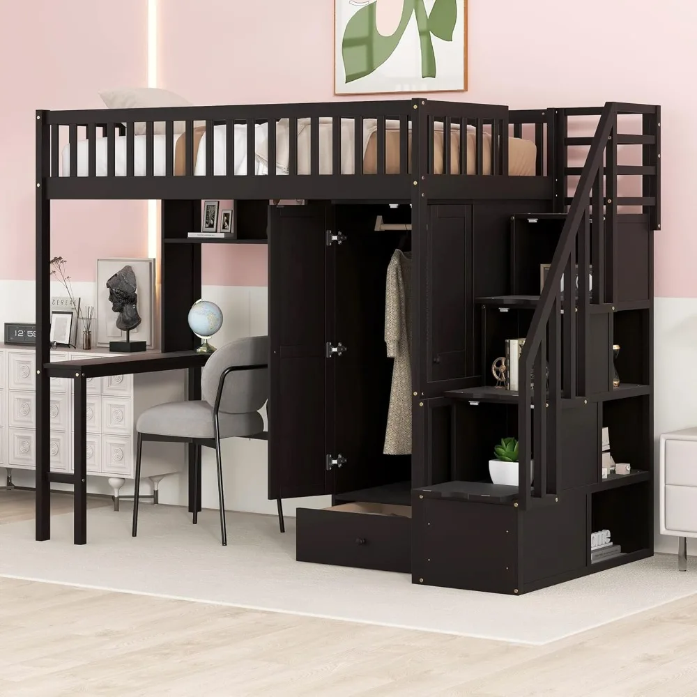 Twin Size Loft Bed with Bookshelf, Wardrobes and Storage Staircase, Multi-Function Solid Wood High Stairway Loft Bed Frame Kids