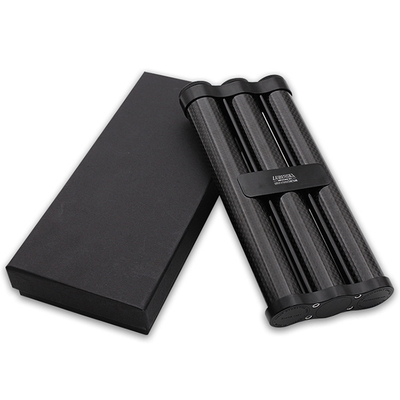 Kotak Cerutu Serat Karbon Hitam Humidor Travel Portabel 3 Tabung Kotak Cerutu dengan Perlengkapan Tempat Penyimpanan Cerutu Humidor Cerutu