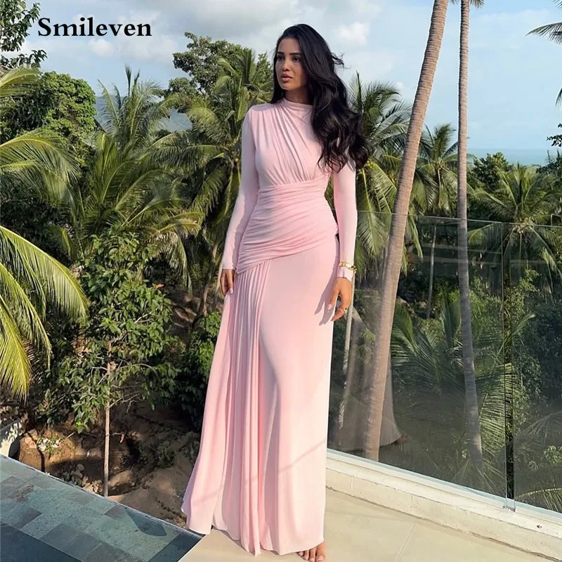 Вечернее платье из крепа Smileven, розовое тонкое платье для выпускного вечера с длинными рукавами, элегантное простое платье макси для выпускного вечера 2025 по индивидуальному заказу
