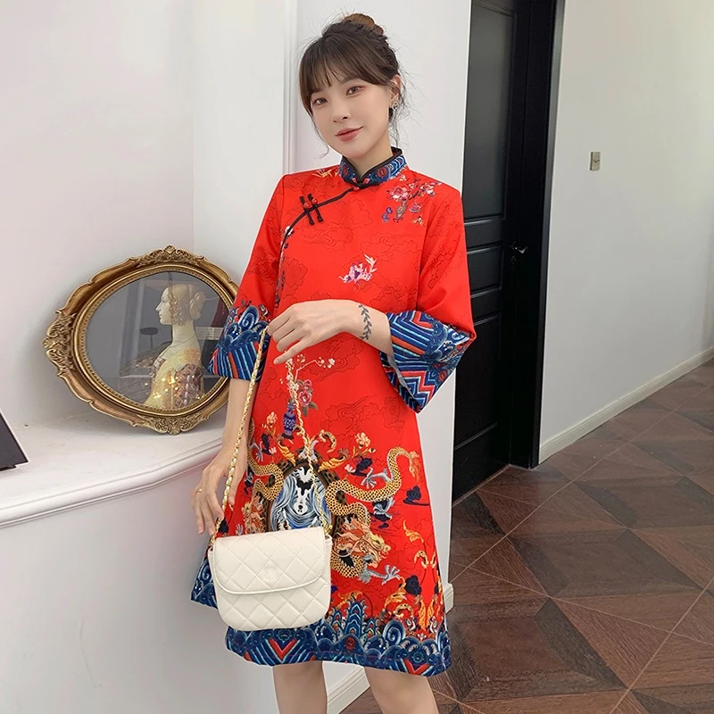 INSสีแดงสีฟ้าหลวม 2021 ใหม่แฟชั่นโมเดิร์นจีนCheongsam A-Lineชุดผู้หญิง 3/4 แขนQipaoเสื้อผ้าจีนแบบดั้งเดิม