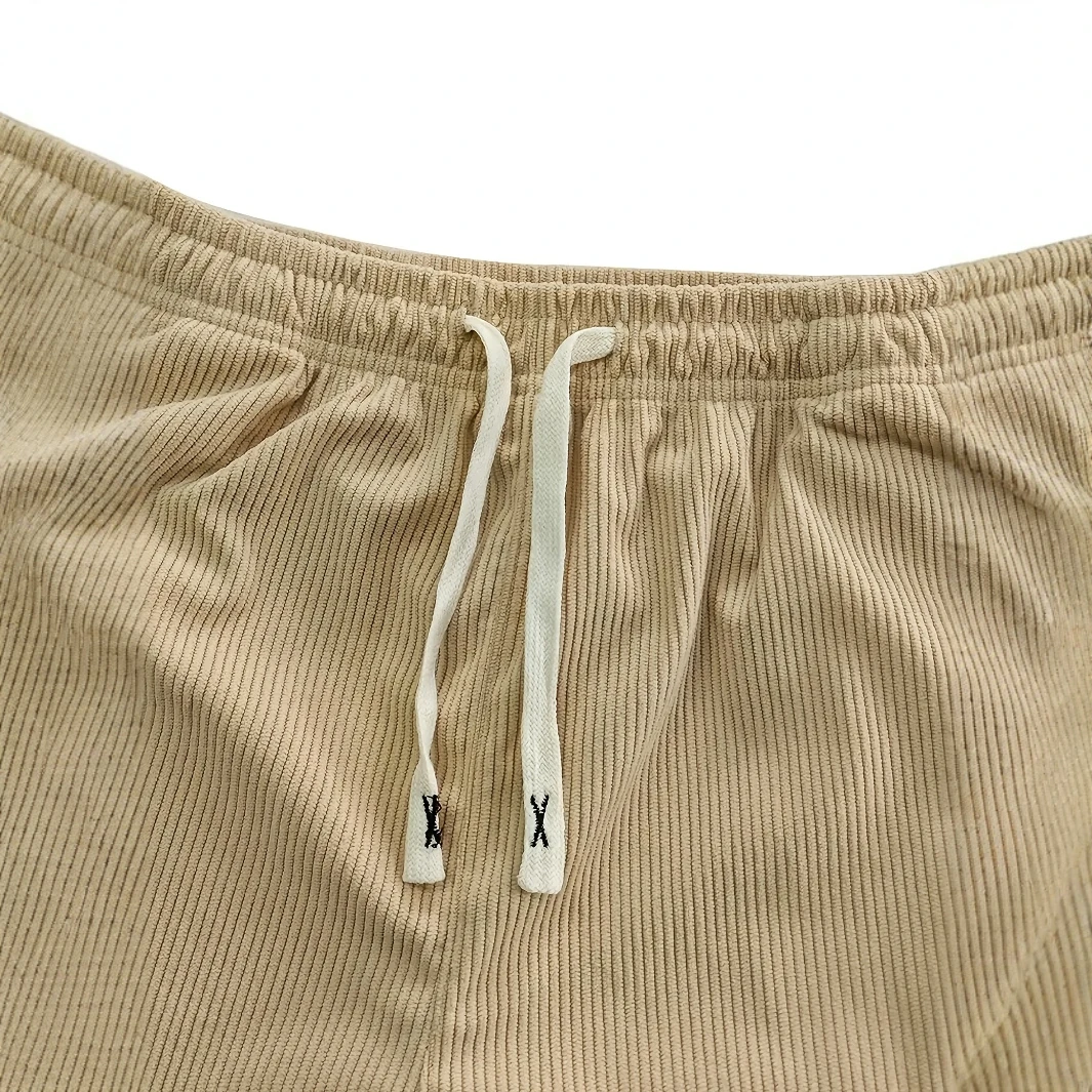 Calça masculina de veludo cotelê com perna reta com cordão na cintura, bolsos e design de logotipo – elástica, ajuste casual para uso diário, Spri