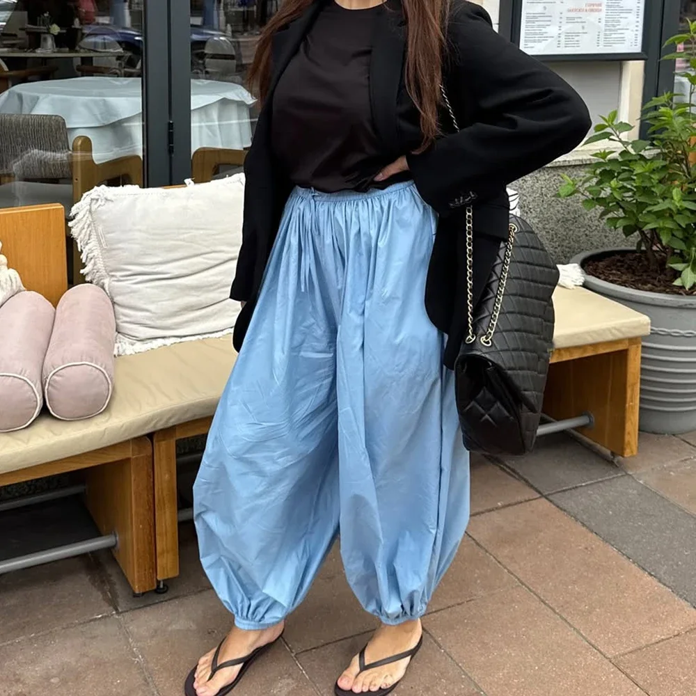Luźne spodnie damskie Tuularose, jednolite, długość do łydki, plisowane, z wysokim stanem, moda damska na lato 2025, eleganckie spodnie typu bloomers do biura, codzienne.