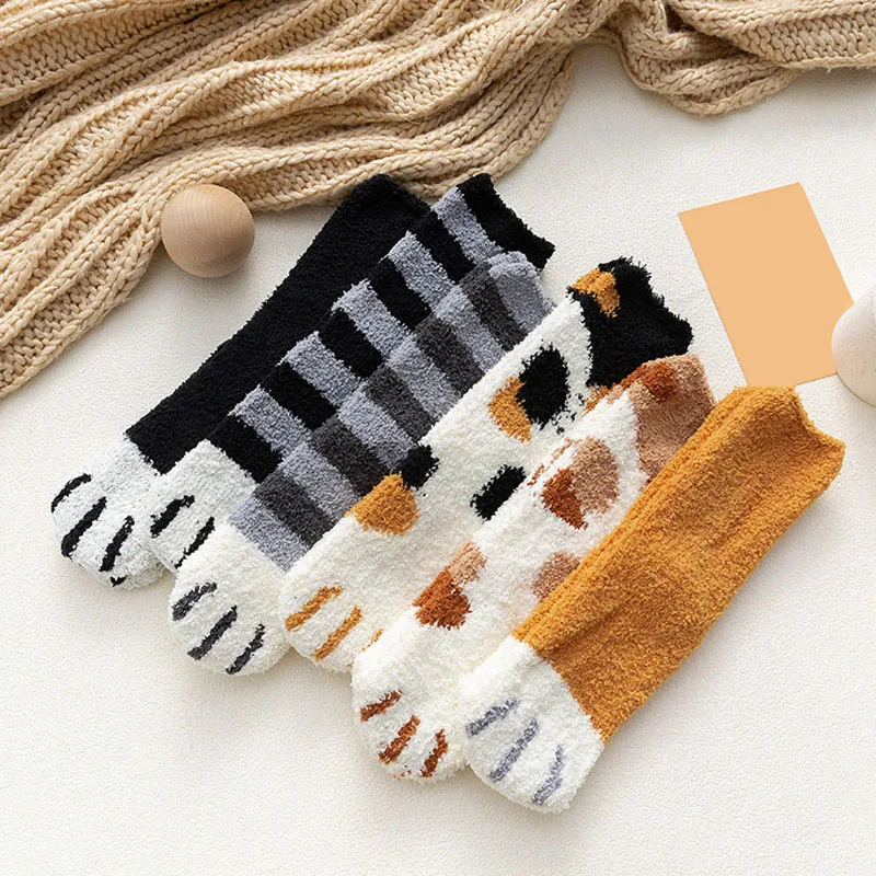 ผู้หญิงฤดูหนาว WARM Fluffy ถุงเท้าสัตว์น่ารัก Claw Cat PAW Footprint Fuzzy ถุงเท้าหญิงหนาขนแกะปะการังชั้น Sleep ถุงเท้า