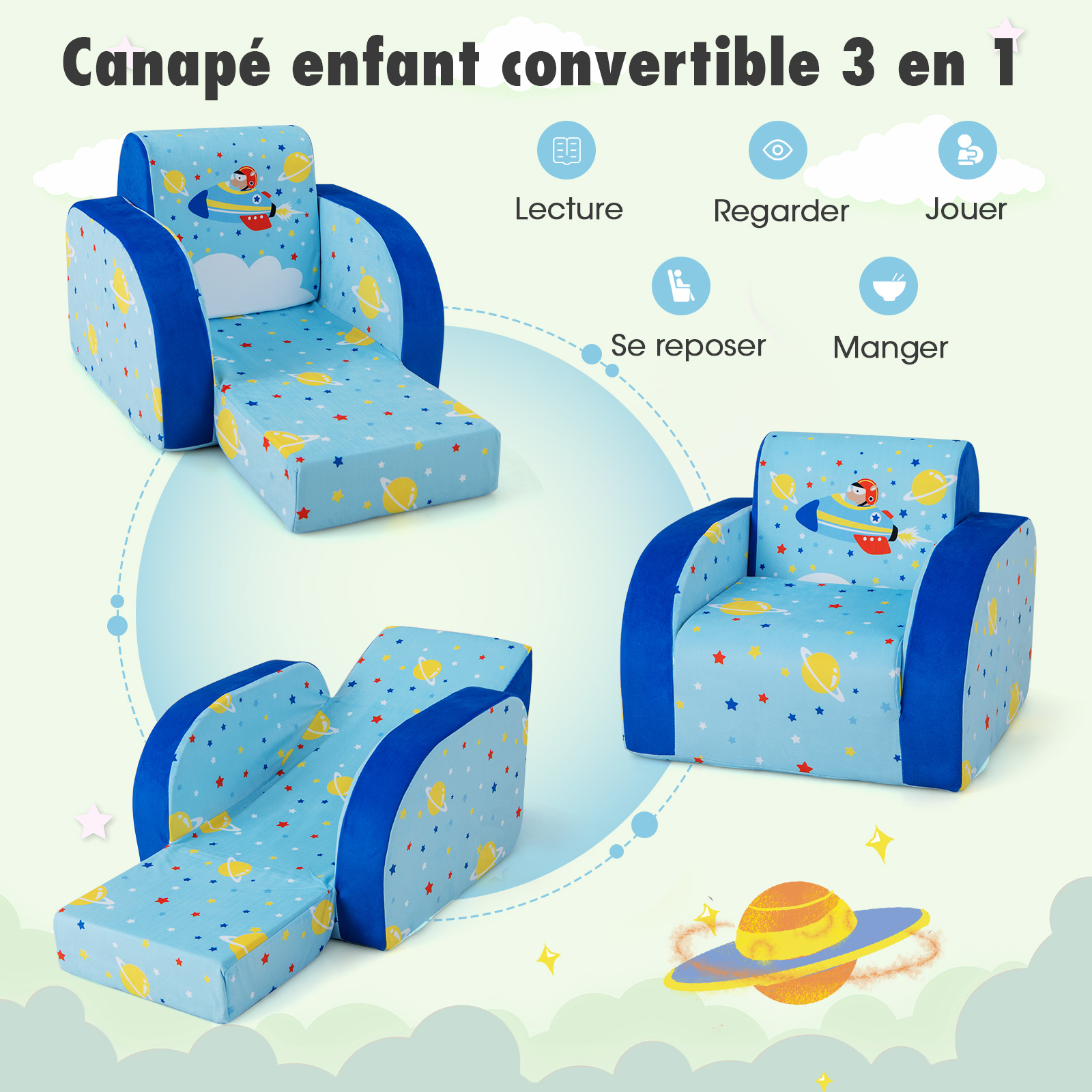 3 en 1 Canapé-Lit Enfant Pliable avec Motif de Planète, Fauteuil Enfant Convertible en Tissu Velours avec Accoudoirs Ergonomique, Housse Amovible & Lavable pour 0-5 Ans