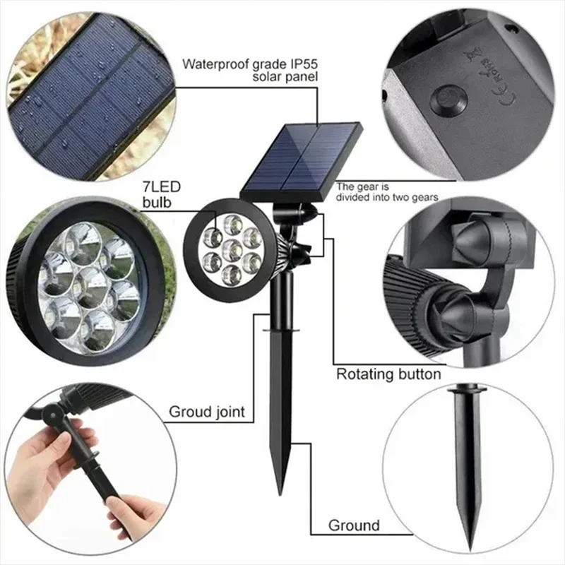 Lámpara de 7LED con energía Solar, foco Solar ajustable en el suelo IP65, luz de pared de paisaje impermeable, iluminación exterior, 1 Uds.