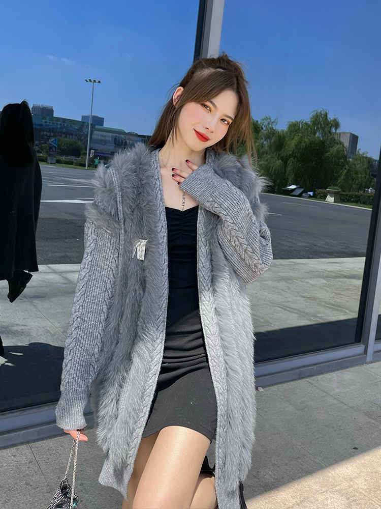 Frauen Echt Fuchs Pelz Stricken OverSize Lose Frühling Fuchs Pelz Streifen Gemeinsamen Genäht Außerhalb Dekoration dame Mode Pullover Mantel