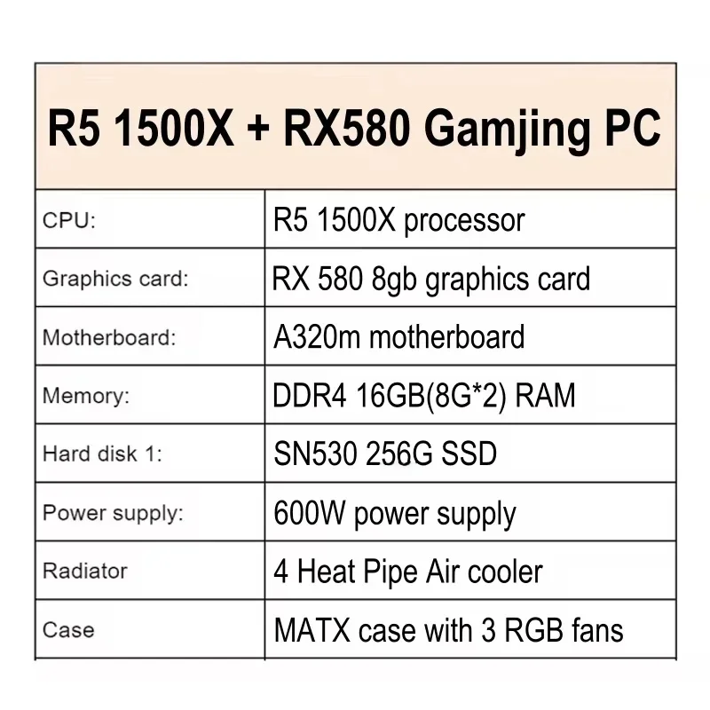 Gaming Desktop Pc Computer Rebuilt Gaming Pc R5 1500X with Rx 580 Graphics Card Ram 16g 256gb Ssd Computer