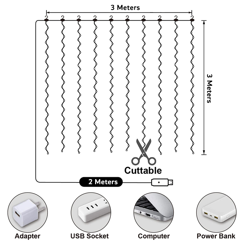 Cortina de luz LED con USB para decoración del hogar, luz blanca cálida para dormitorio, mando a distancia, 8 modos, 3M x 3M, 300led