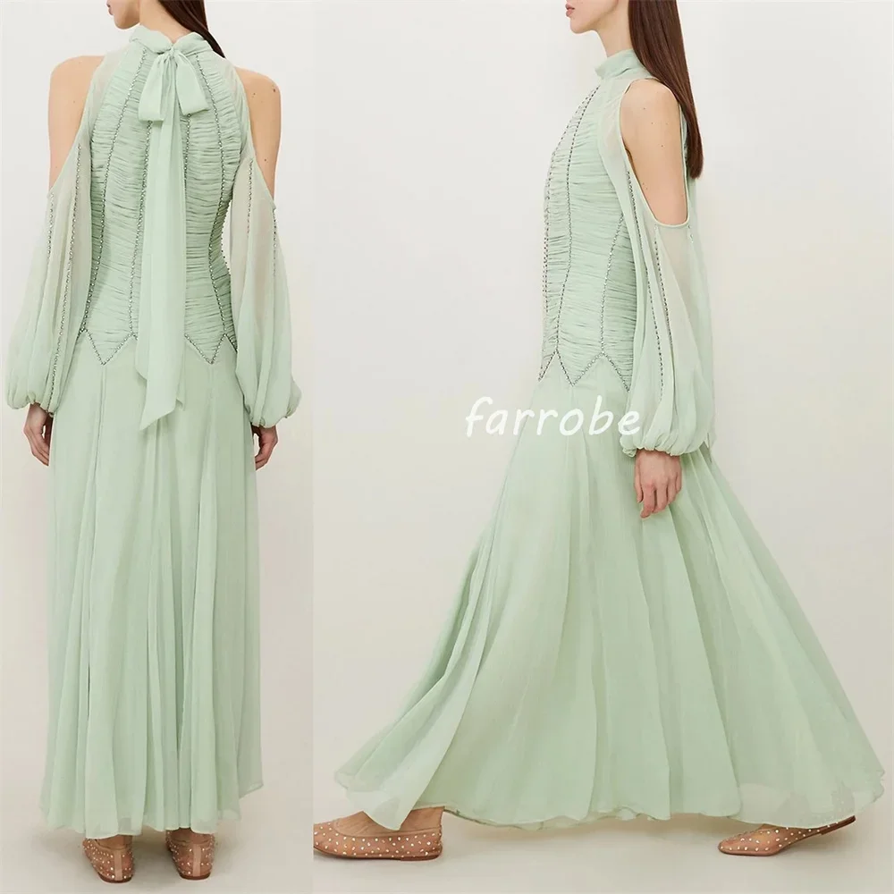 ที่กําหนดเองซับซ้อนประณีตชีฟองจีบ Draped Rhinestone A-Line คอ Midi ชุด Bespoke โอกาสชุด Pastrol